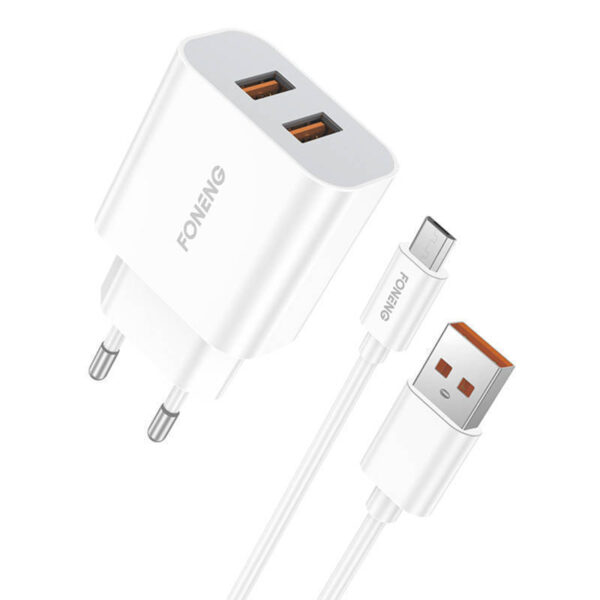 Foneng Φορτιστής με 2 Θύρες USB-A και Καλώδιο micro USB Λευκός (EU45)