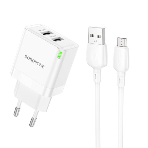 Borofone Φορτιστής με 2 Θύρες USB-A και Καλώδιο micro USB Λευκός (BN15 Strong)