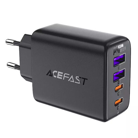 Φορτιστής Ταξιδίου Acefast A61 Fast Charging με 2xUSB-C + 2xUSB-A PD45W GaN Μαύρο