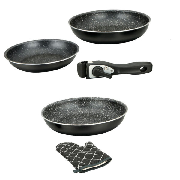 Herzberg HG-8052-BLK Σετ Τηγάνια 5 τμχ με Αποσπώμενη λαβή και Επίστρωση Μαρμάρου Μαύρα