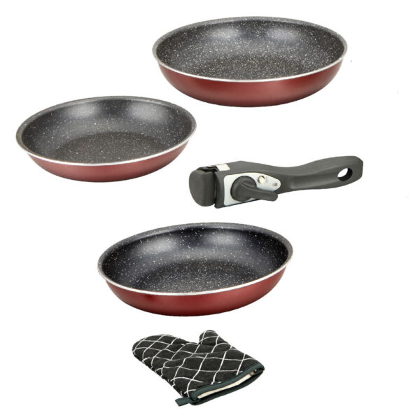 Herzberg HG-8052-BR Σετ Τηγάνια 5 τμχ με Αποσπώμενη λαβή και Επίστρωση Μαρμάρου Μπουργουντί