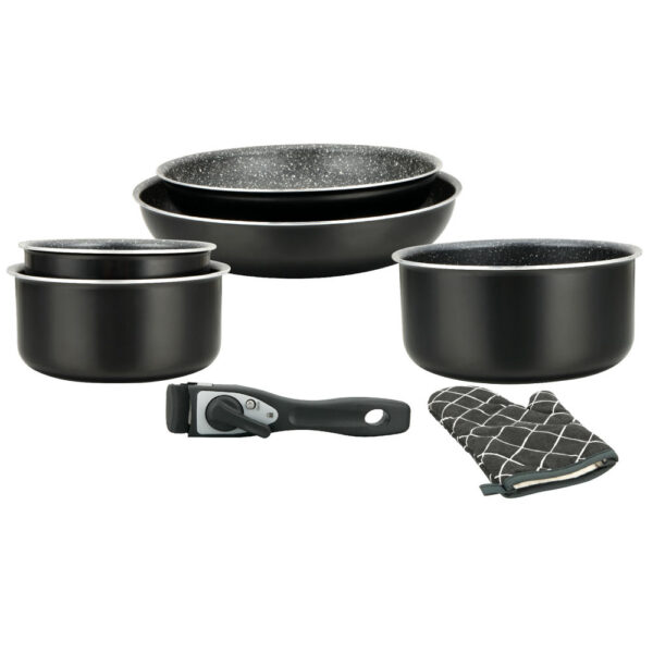 Herzberg HG-8053-BLK Σετ Μαγειρικών Σκευών 7 τμχ με Αποσπώμενη Λαβή και Επίστρωση Μαρμάρου Μαύρα