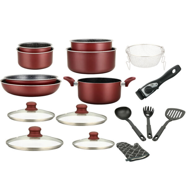 Herzberg HG-8055-BUR Σετ Μαγειρικών Σκευών 17 τμχ με Αποσπώμενη Λαβή και Επίστρωση Μαρμάρου Μπουργουντί