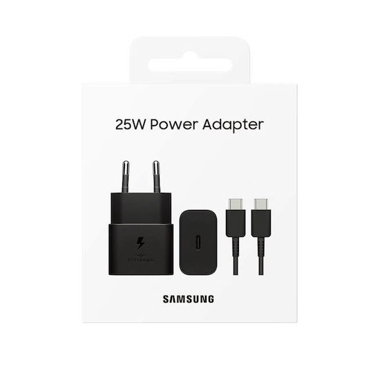 Samsung Φορτιστής με Θύρα USB-C - USB-C και Καλώδιο USB-C 25W Power Delivery Μαύρος (EP-T2510XBEGEU)