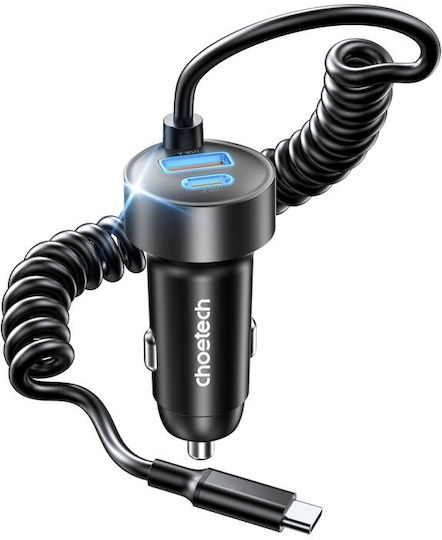 Choetech Φορτιστής Αυτοκινήτου 65W Γρήγορης Φόρτισης με Θύρες: 1xUSB 1xType-C Μαύρος