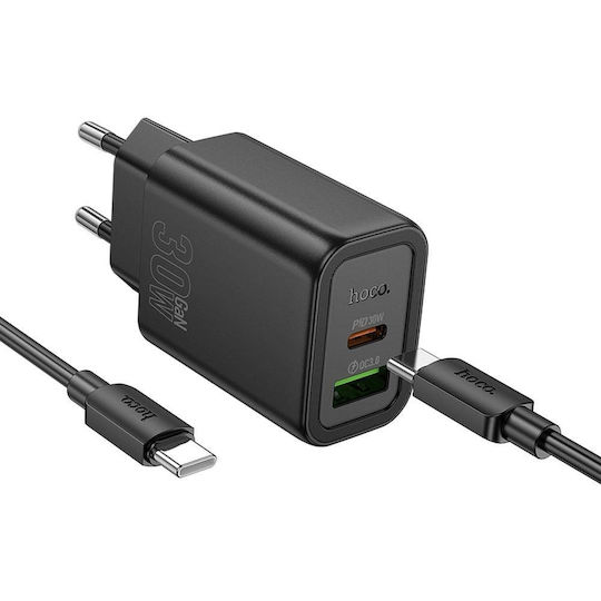 Hoco Φορτιστής με Θύρα USB-A και Θύρα USB-C και Καλώδιο USB-C - USB-C 30W Power Delivery / Quick Charge 3.0 Μαύρος (N63)