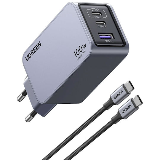 Ugreen Φορτιστής GaN με Θύρα USB-A και 2 Θύρες USB-C και Καλώδιο USB-C - USB-C 100W Power Delivery / Quick Charge 4+ Γκρι (Nexode Pro)