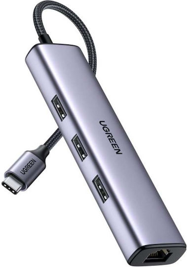 Ugreen CM475 USB 3.0 Hub 3 Θυρών με σύνδεση USB-C / Ethernet Ασημί